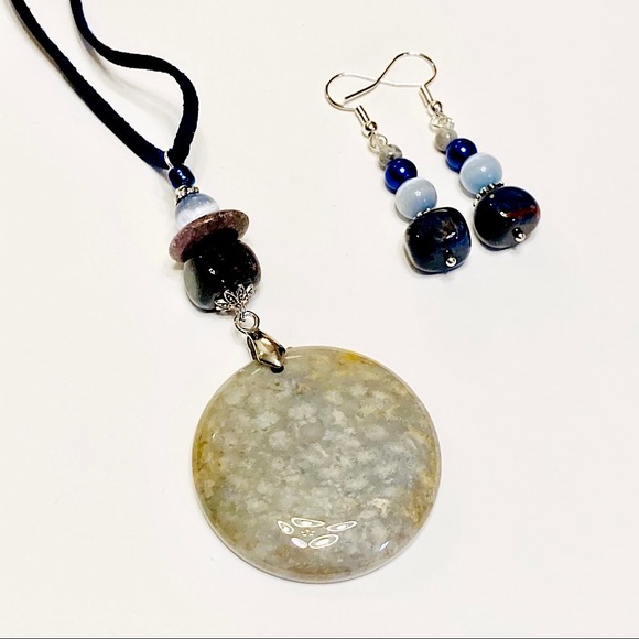 Navy Blue Brown & Gray Fossilized Coral Necklace & Matching Stone Earrings - Picture 9 of 14